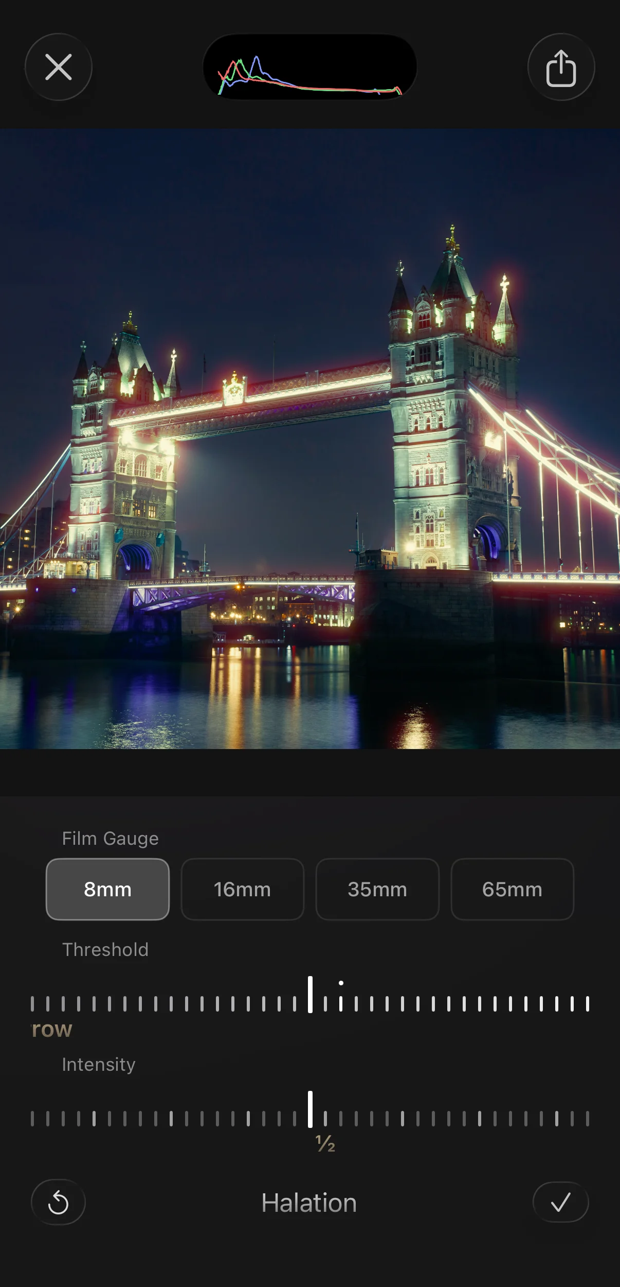 DeluxeFX film halation - Tower Bridge at night