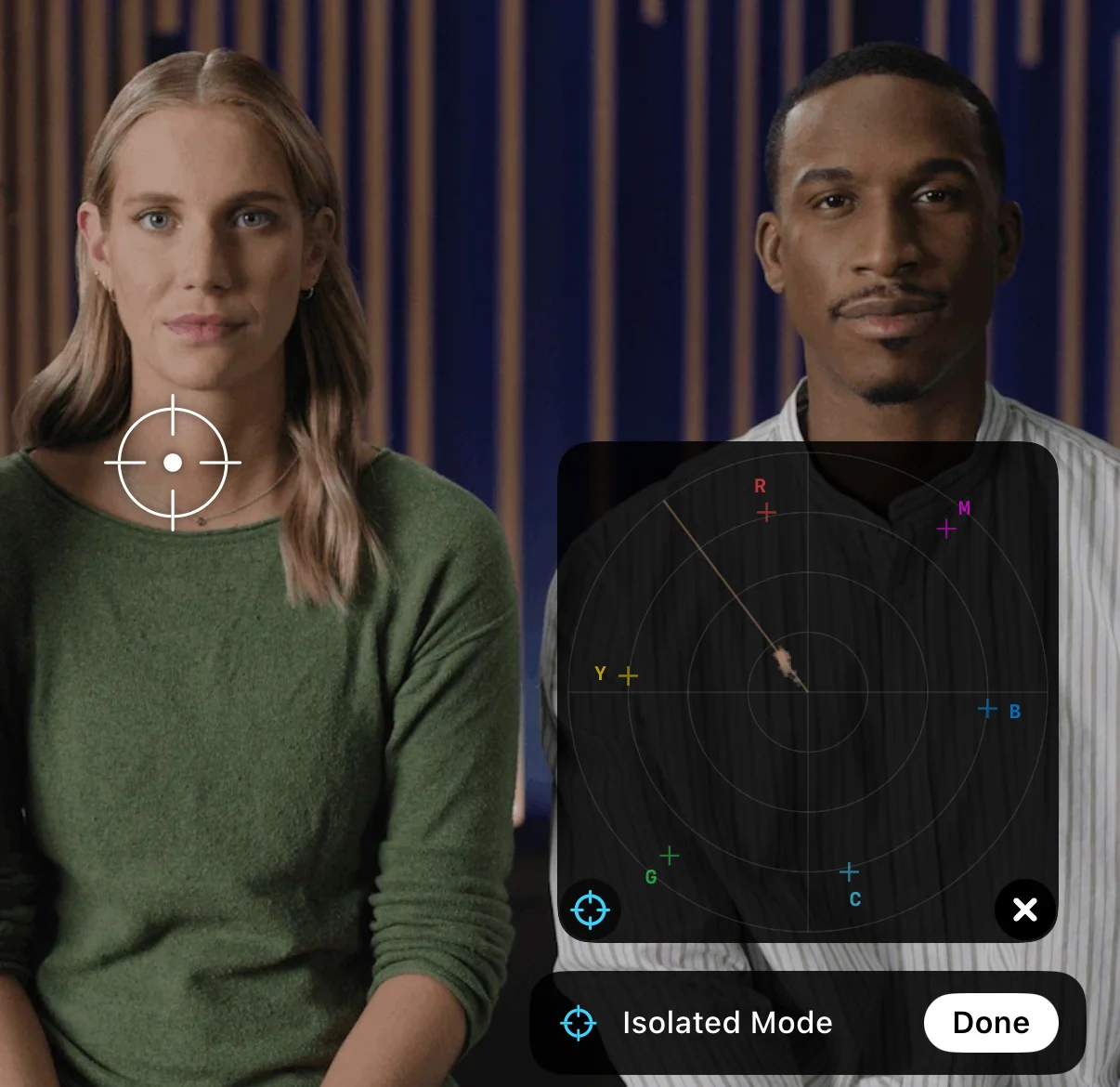DeluxeFX Isolated Mode showing a vectorscope sample reticle locked to skin tones in real time